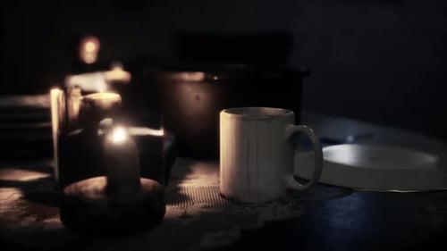 Flickering Candles and Mug on Table in Dark Room
