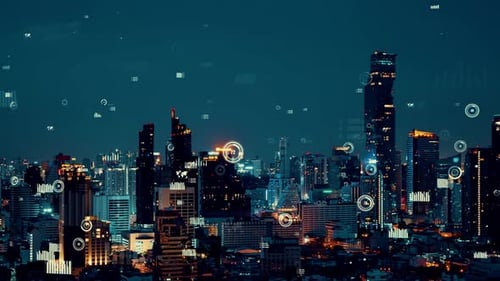 Business Data Analytic Interface Fly Over Smart City Showing Alteration Future