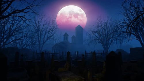 Haunted Graveyard Night Scene with Full Red Moon Animation