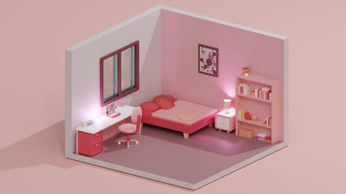 3D Animation Loop Low Poly of Modern Bedroom with Glowing Lamps and Pink Color Isometric View