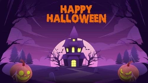 Spooky Haunted House Halloween Animation with Flying Bats and Pumpkins
