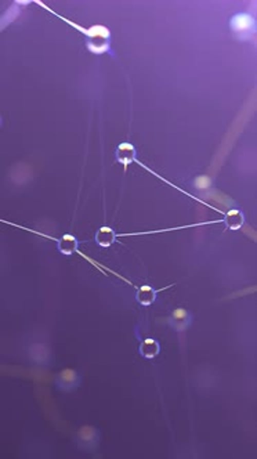 3D network of soap bubble-like spheres linked by lines on a purple background.