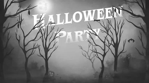 Animated Halloween Party Title with Spooky Forest and Bats