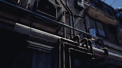 Urban Alley with Industrial Pipes and Air Conditioning Units at Twilight