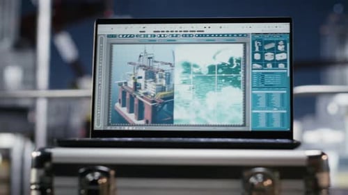 Laptop Screen Shows Visualization Monitoring Software on Empty Offshore Platform