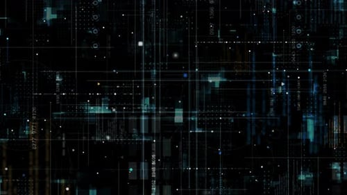 Blue data matrix simulation digital line and grid technology with futuristic HUD screen on black