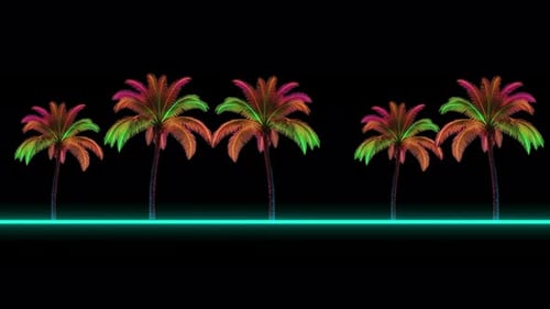 Neon Palm Trees Animated Loop with Cyan Glowing Line