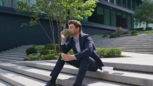 Manager Enjoy Lunch Break on City Stairs Office Worker Eating Sandwich Drinking