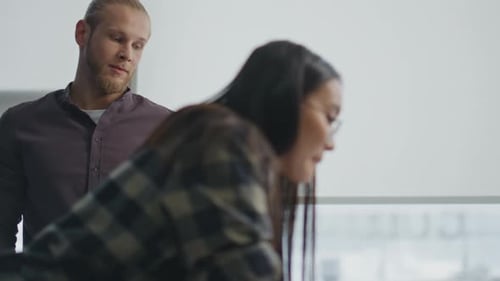 Freelancer Woman Answering Colleague At Home Office Closeup. Smiling Man Discussing With Hipster ...