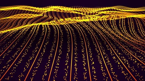 Abstrakte leuchtende Wellen mit spärlichen Partikelstreifen und leuchtend goldenen Linien auf dunklem Hintergrund