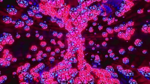 Mikroskopische Ansicht, leuchtend rosafarbene, violette Zellen, Biologie, Wissenschaft, Forschung, medizinisches Bild, fluoreszierende Mikros