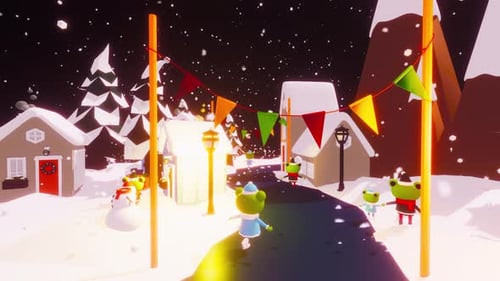 Cute Minimalist Winter Village with Frogs and Snowfall