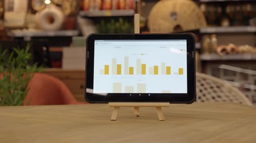 Tablet on stand in retail store showing bar chart data. Used for business analytics, stock control