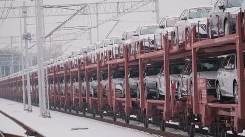 Tren de carga que transporta coches nuevos en invierno