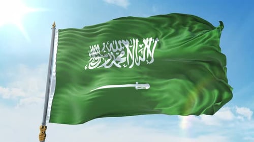 Realistic Saudi Arabia Flag Waving Loop against Blue Sky
