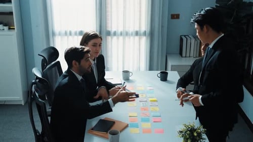 Top view of business team discuss while manager enter meeting. Directorate.