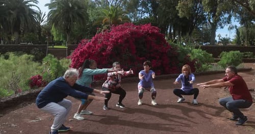 Fit senior people doing stretching exercise at city park - Group of elderly friends doing sport