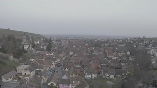 Aerial view of Kaysersberg, Alsace: Historic Half-Timbered French Village Street with Medieval
