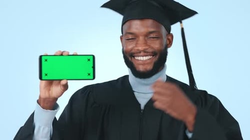 Graduation, college student and green screen phone with thumbs up for studio mockup website