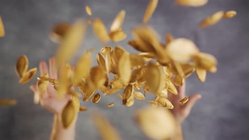 Hands Throwing Pumpkin Seeds In The Air
