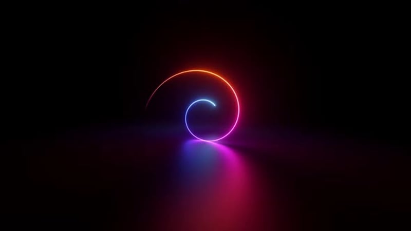 endless neon curvy spiral line inside the dark room with reflection on ...