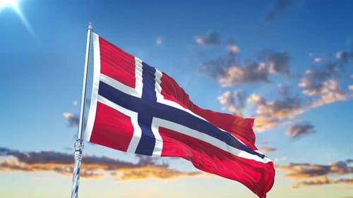Norway Flag Waving in Slow Motion Against Sunny Sky