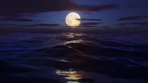 Side View of Flying Over the Ocean at Moon Night Stylized Looped Animation 3d Render