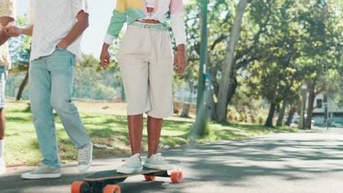 Skateboard, students and relax with woman in park for college vacation, spring break