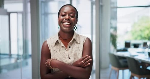 Face, funny and arms crossed with black woman designer in office for start of career in startup