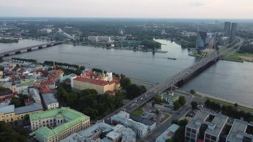 Riga city bridges and cityscape, aerial drone view