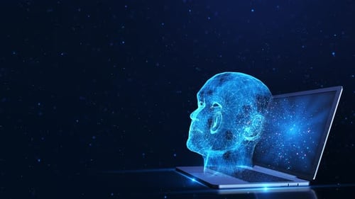 Digital Human Head Wireframe Emerging from Laptop Screen