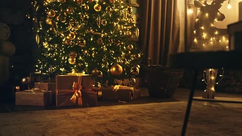 Decorated Christmas Tree with Gifts in Cozy Home