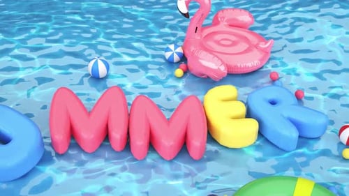 Playful 3D Summer Text Floating in Refreshing Blue Pool Water