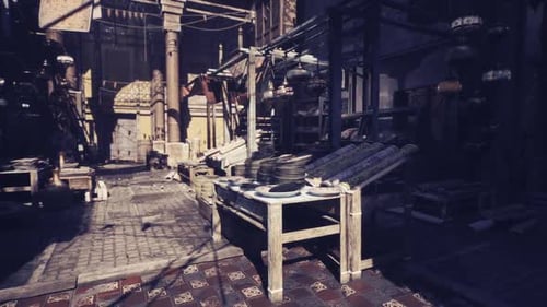 Outdoor Market Scene with Colorful Items and Lively Atmosphere