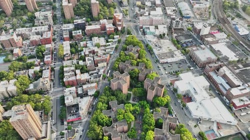 An aerial view of a city with lots of tall buildings