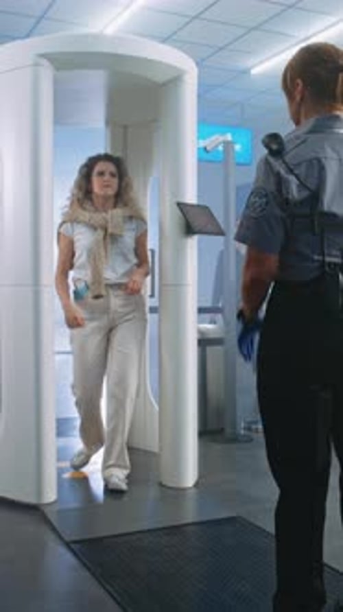 Woman Walks Through Metal Detector Gates Security Officer Checks Passenger and Documents