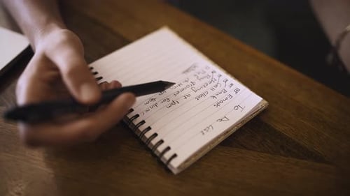 Person, Hände und Schreiben in das oben stehende Buch oder die Checkliste für Planung, Zeitplan oder Agenda im Café