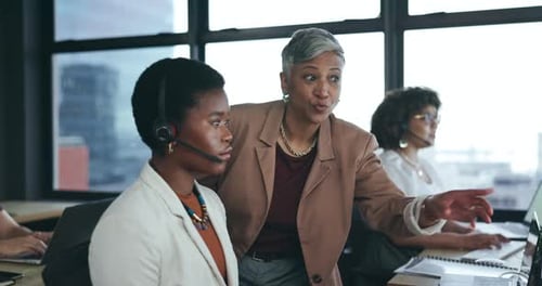 Call center, consulting and mentor with black woman in office for customer service