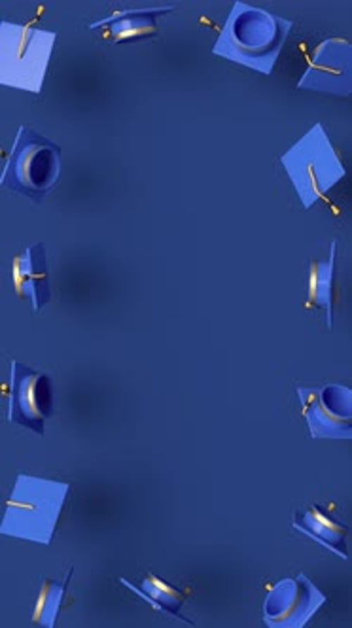 Random rotating graduation blue caps with copy space.