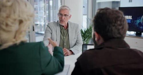 Business people, discussion or meeting with handshake for introduction, hiring