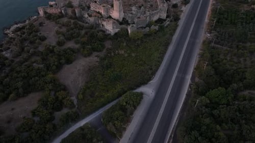 Aerial view of ancient fortress at sunrise, Turkey.