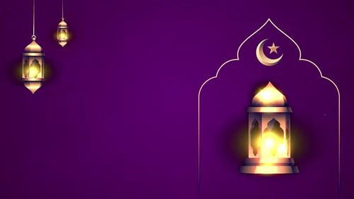 Eid Mubarak Animation Luxury Theme With Lamp, Crescent, Lantern And Particle Purple Background