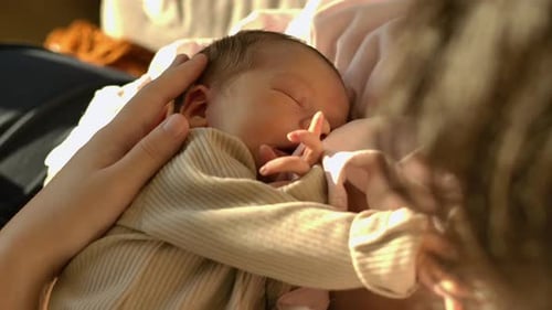 Newborn Baby Sleeping Peacefully On Mother's Chest In Daylight. close-up, high-angle shot