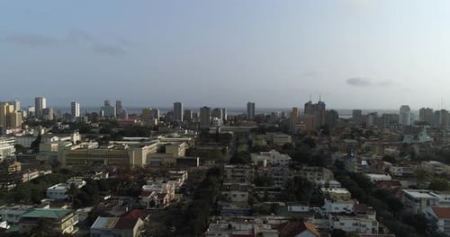 Aerial view of city buildings and skyline, Mozambique.