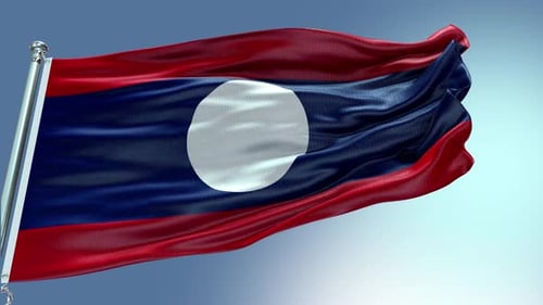 Laos Flag Waving in Realistic Slow Motion with Blue Sky