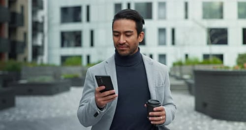 Business man, notification and phone text in city with morning commute and social media break