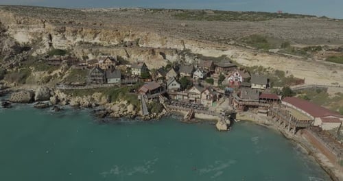 Aerial view of Popeye village overlooking Mediterranean Sea, Malta.