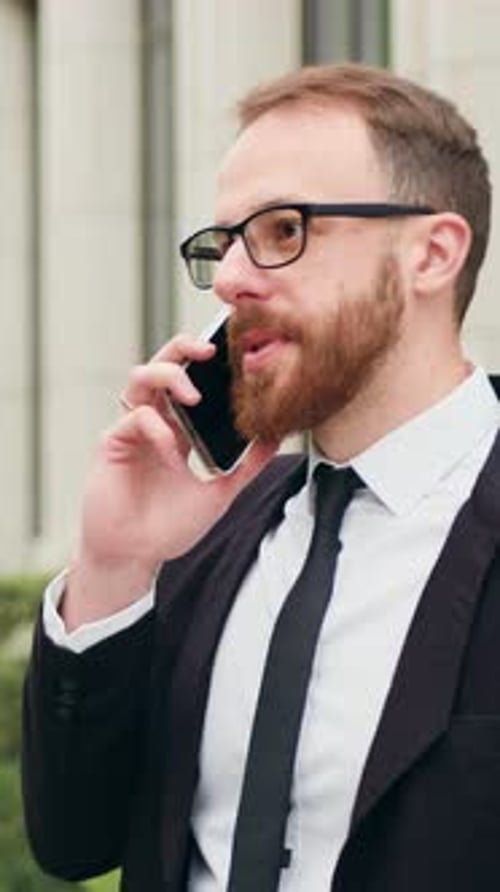 Businessman Talk Mobile Phone in City Near Business Office Building Man Talking Smartphone Outdoors