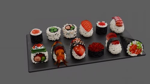 Animated 3D Sushi and Maki Food Elements on Plate