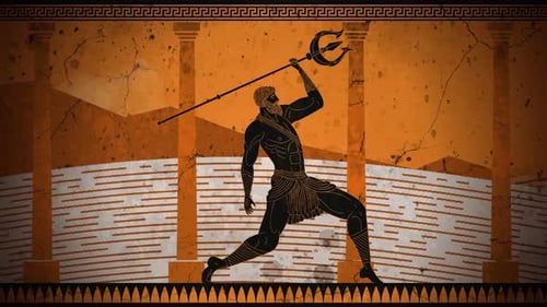 poseidon with trident near sea temple in greek vase style
